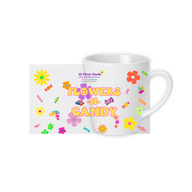 Flowers-n-Candy® ceramic latte mug with floral and candy-inspired design, 12oz glossy finish, inspired by All These Hands by Lewis, Y. K